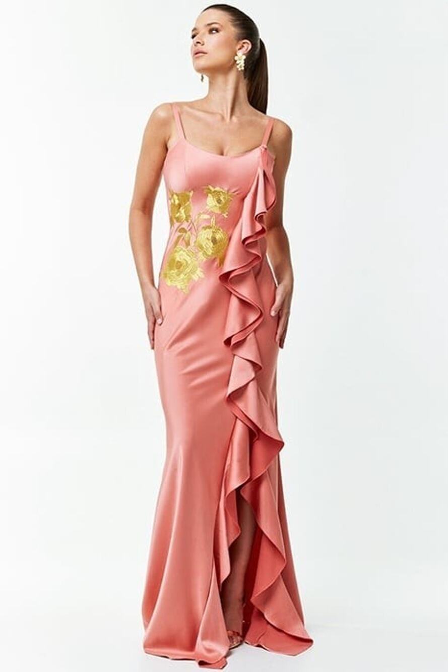 Mestiza New York Nadia Satin Embroidered Ruffle Gown Pink Size 8 NWT